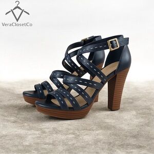 UGG Navy Leather Platform Heels W10/ Wooden Stacked Heel Sandals